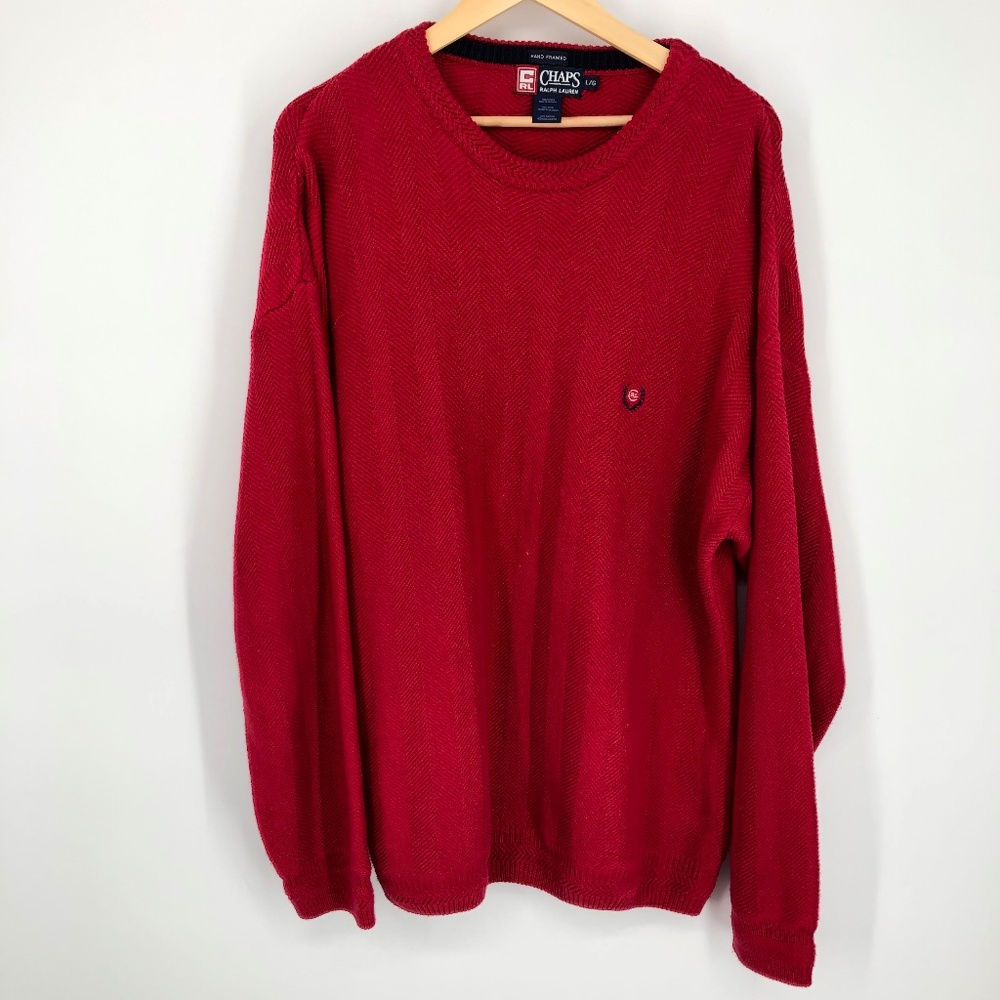 Chaps Ralph Lauren Mens Sweater Size L Red Hand Framed Chunky Knit Classy Cotton